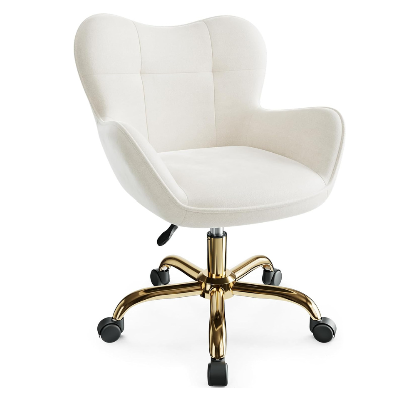 Vanity Chair with Wheels, Cute Home Office Desk Chairs Adjustable Height for Living Bedroom, Small Modern Fluffy Velvet Makeup Chair with Back for Girls