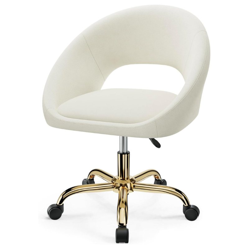 Vanity Chair with Wheels, Golden Titanium-Plated Home Office Chair 300LBS, Modern Velvet Swivel Makeup Chair 360°
