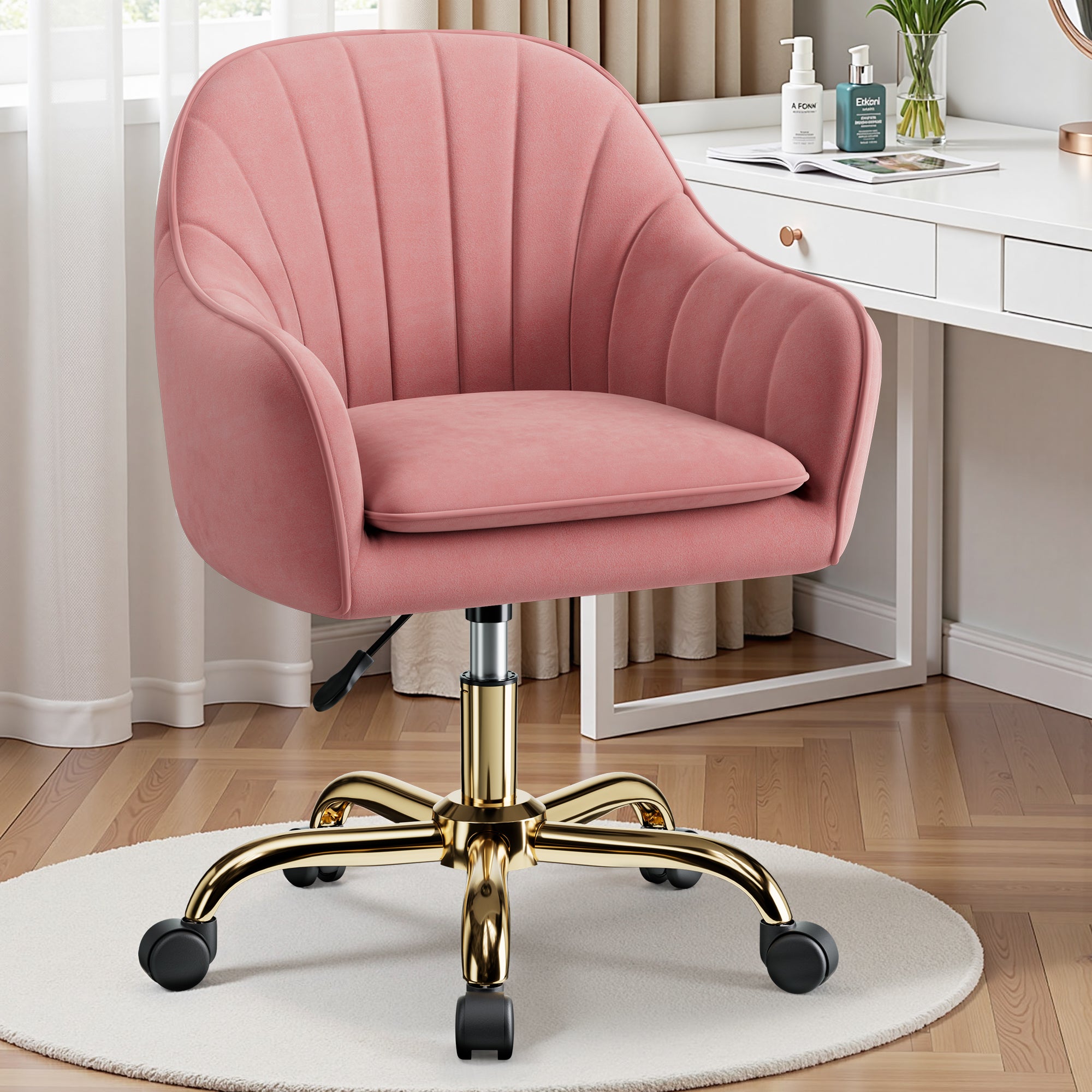 Vanity Chair with Wheels, Comfy Home Office Desk Chairs Adjustable Modern Velvet Makeup Vanity Chairs for Bedroom Living Room