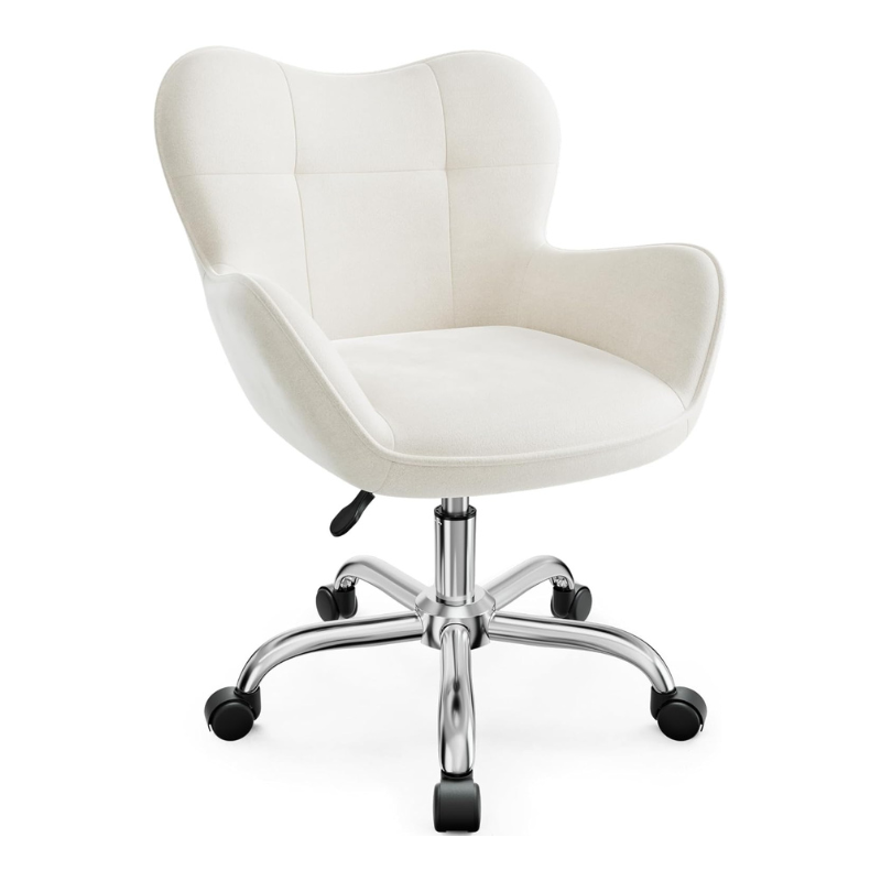 Vanity Chair with Wheels, Cute Home Office Desk Chairs Adjustable Height for Living Bedroom, Small Modern Fluffy Velvet Makeup Chair with Back for Girls