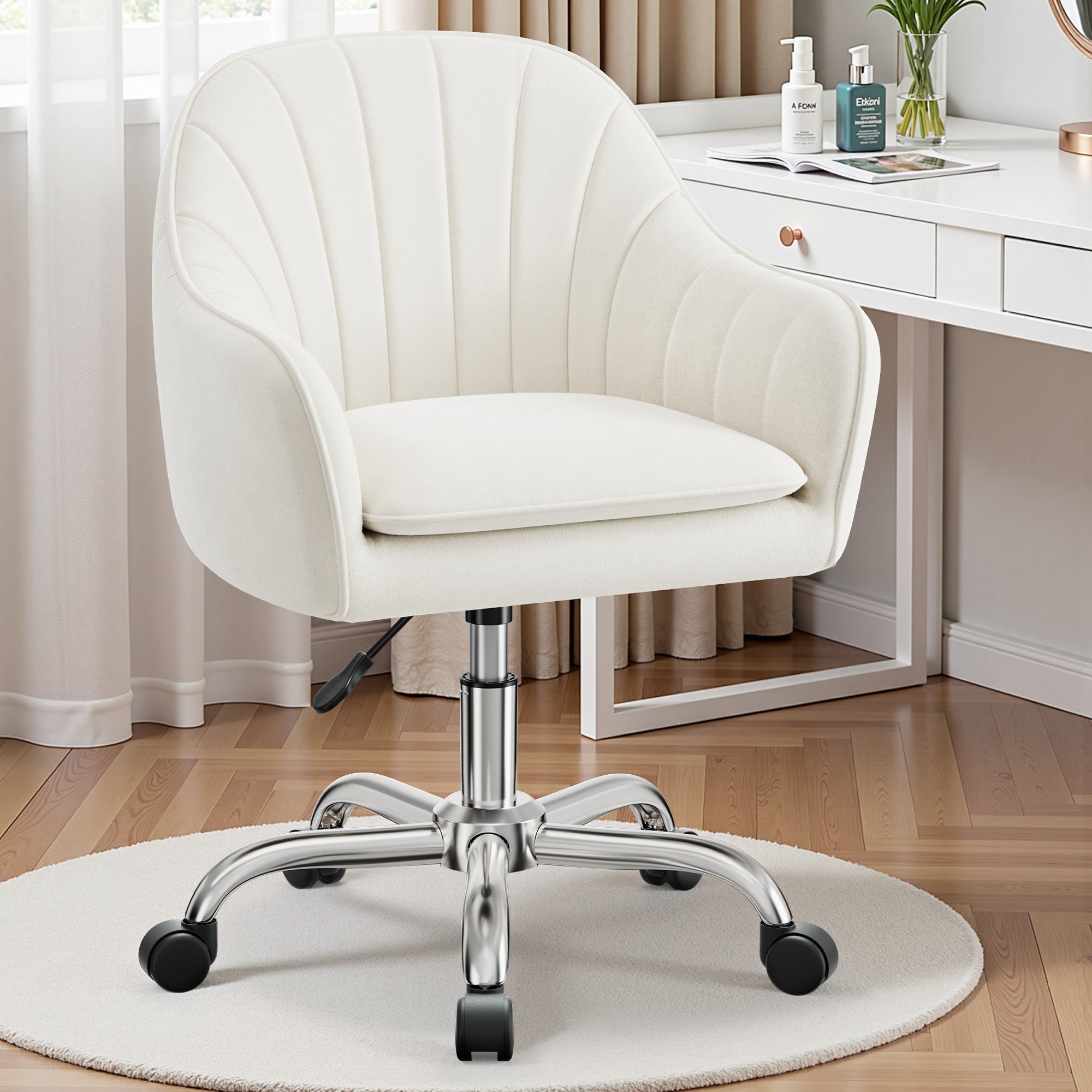 Vanity Chair with Wheels, Comfy Home Office Desk Chairs Adjustable Modern Velvet Makeup Vanity Chairs for Bedroom Living Room
