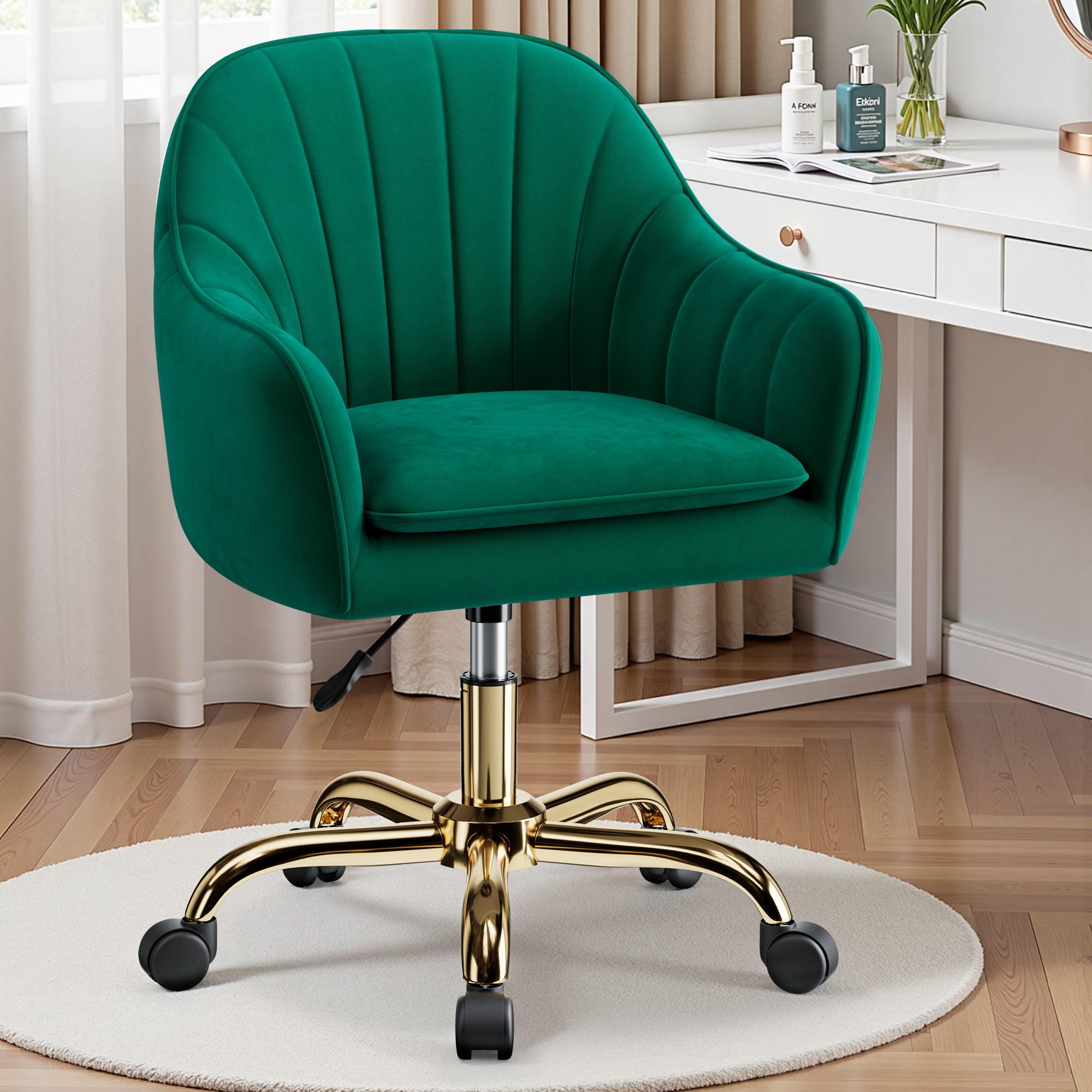 Vanity Chair with Wheels, Comfy Home Office Desk Chairs Adjustable Modern Velvet Makeup Vanity Chairs for Bedroom Living Room
