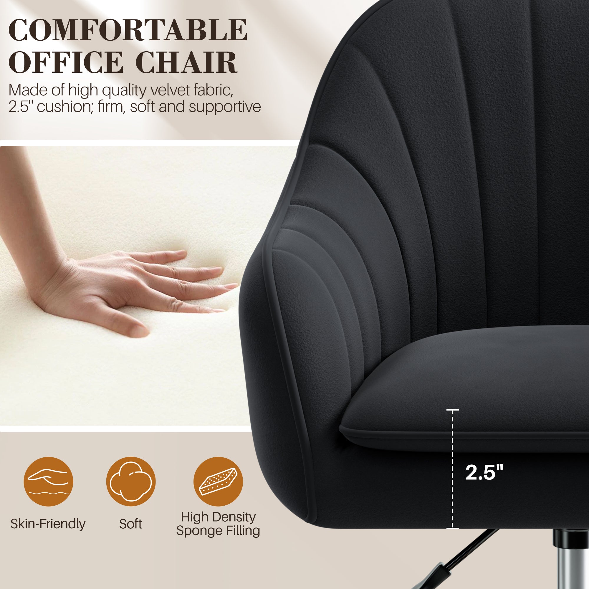 Vanity Chair with Wheels, Comfy Home Office Desk Chairs Adjustable Modern Velvet Makeup Vanity Chairs for Bedroom Living Room
