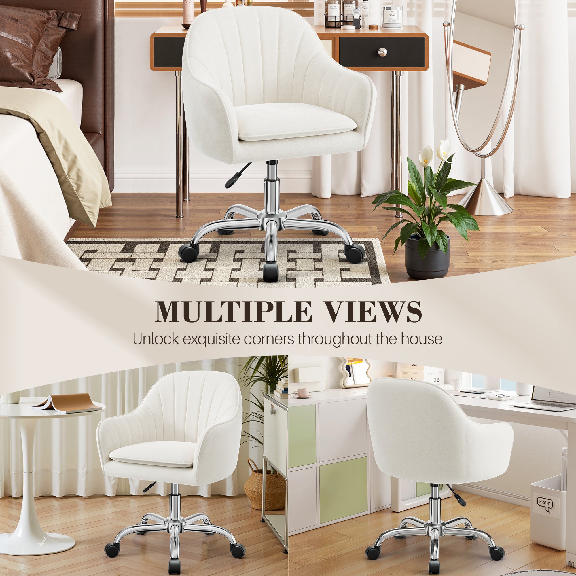 Vanity Chair with Wheels, Comfy Home Office Desk Chairs Adjustable Modern Velvet Makeup Vanity Chairs for Bedroom Living Room