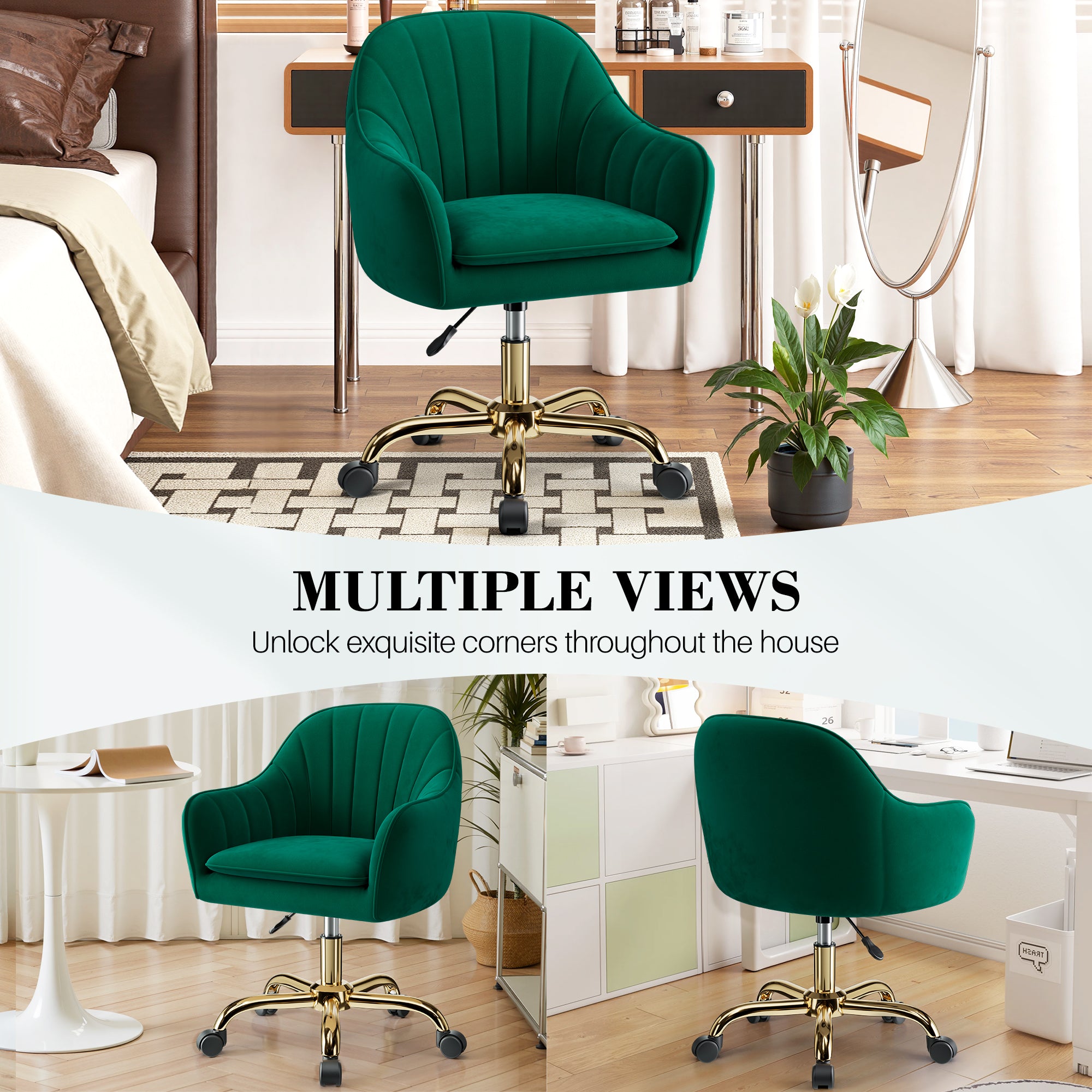 Vanity Chair with Wheels, Comfy Home Office Desk Chairs Adjustable Modern Velvet Makeup Vanity Chairs for Bedroom Living Room