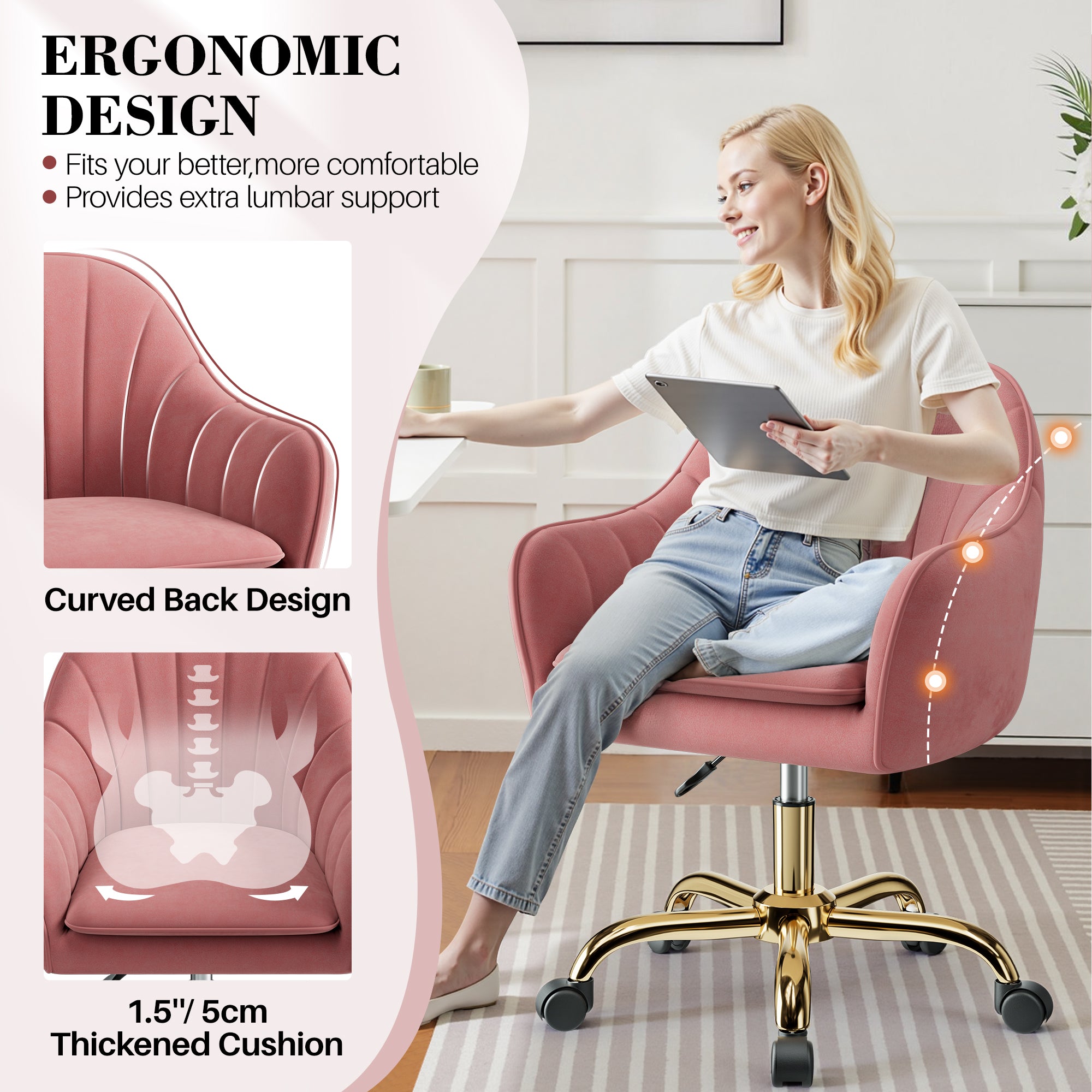 Vanity Chair with Wheels, Comfy Home Office Desk Chairs Adjustable Modern Velvet Makeup Vanity Chairs for Bedroom Living Room