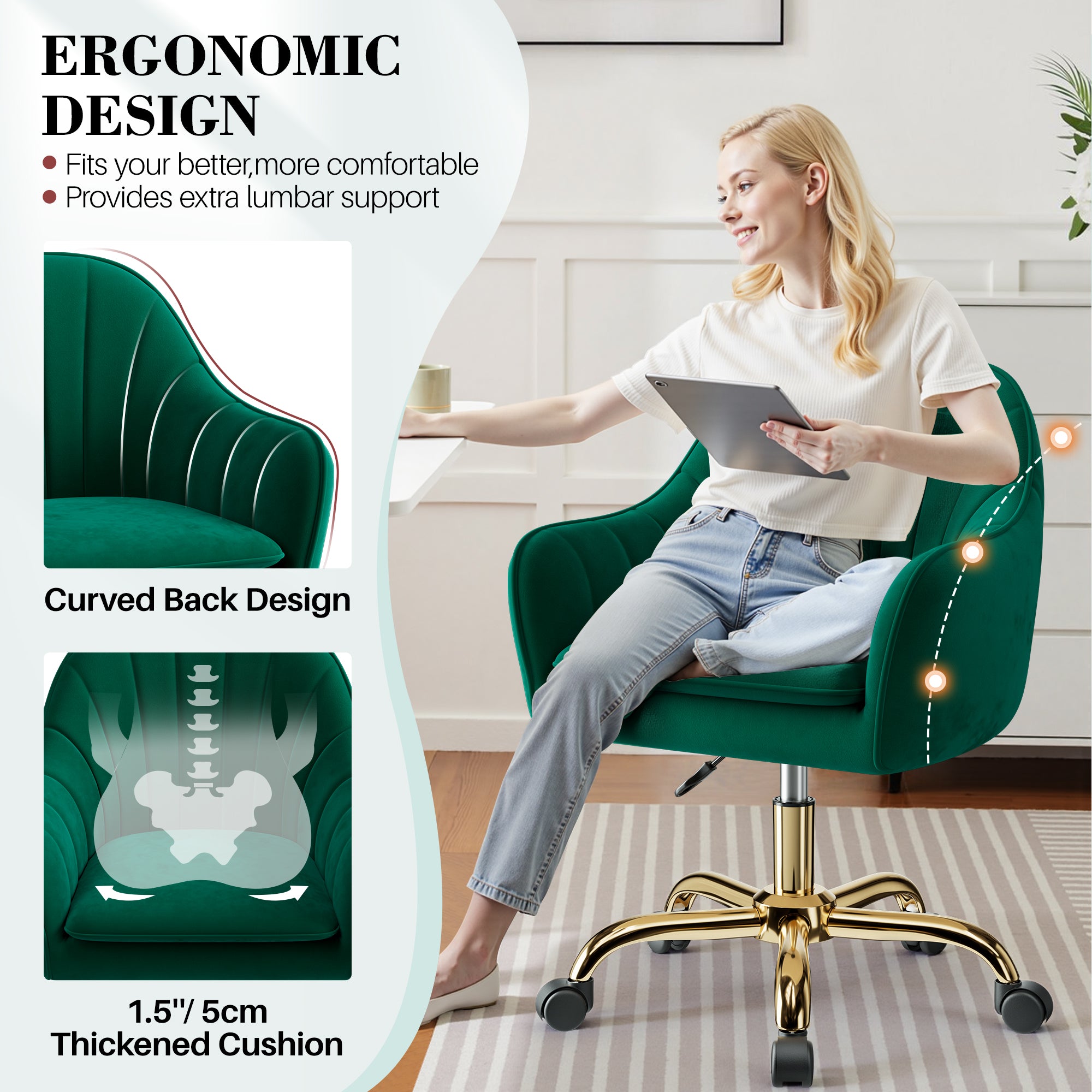 Vanity Chair with Wheels, Comfy Home Office Desk Chairs Adjustable Modern Velvet Makeup Vanity Chairs for Bedroom Living Room