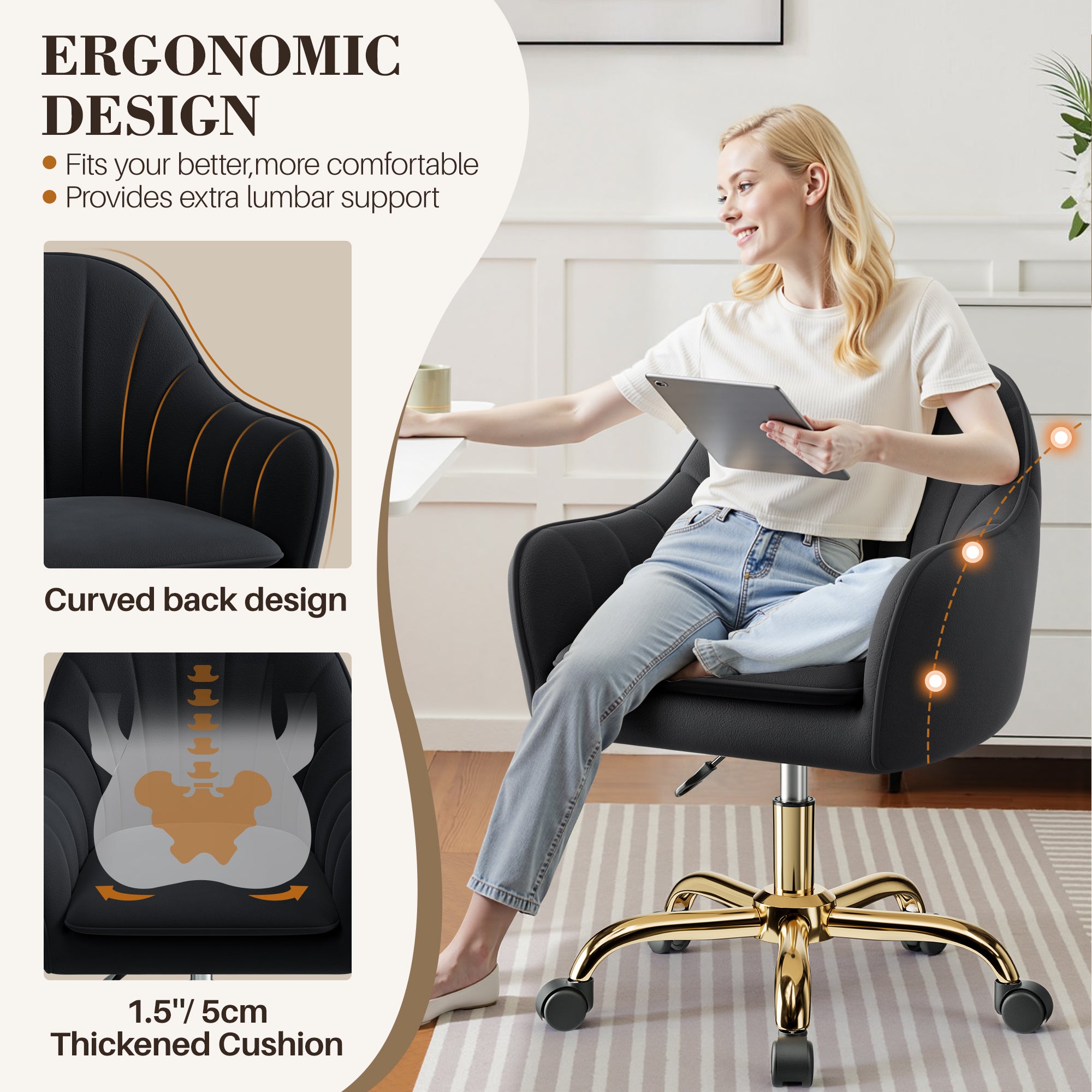 Vanity Chair with Wheels, Comfy Home Office Desk Chairs Adjustable Modern Velvet Makeup Vanity Chairs for Bedroom Living Room