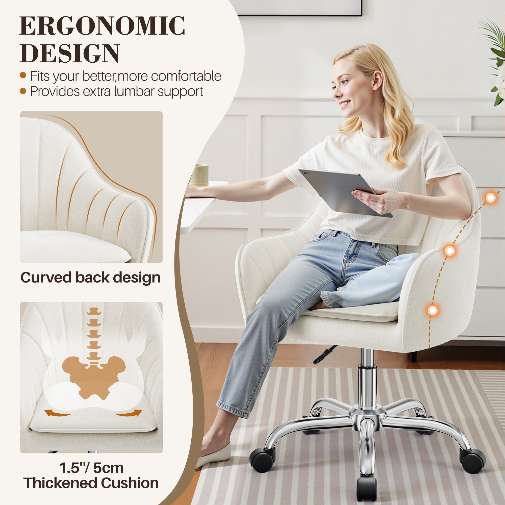 Vanity Chair with Wheels, Comfy Home Office Desk Chairs Adjustable Modern Velvet Makeup Vanity Chairs for Bedroom Living Room