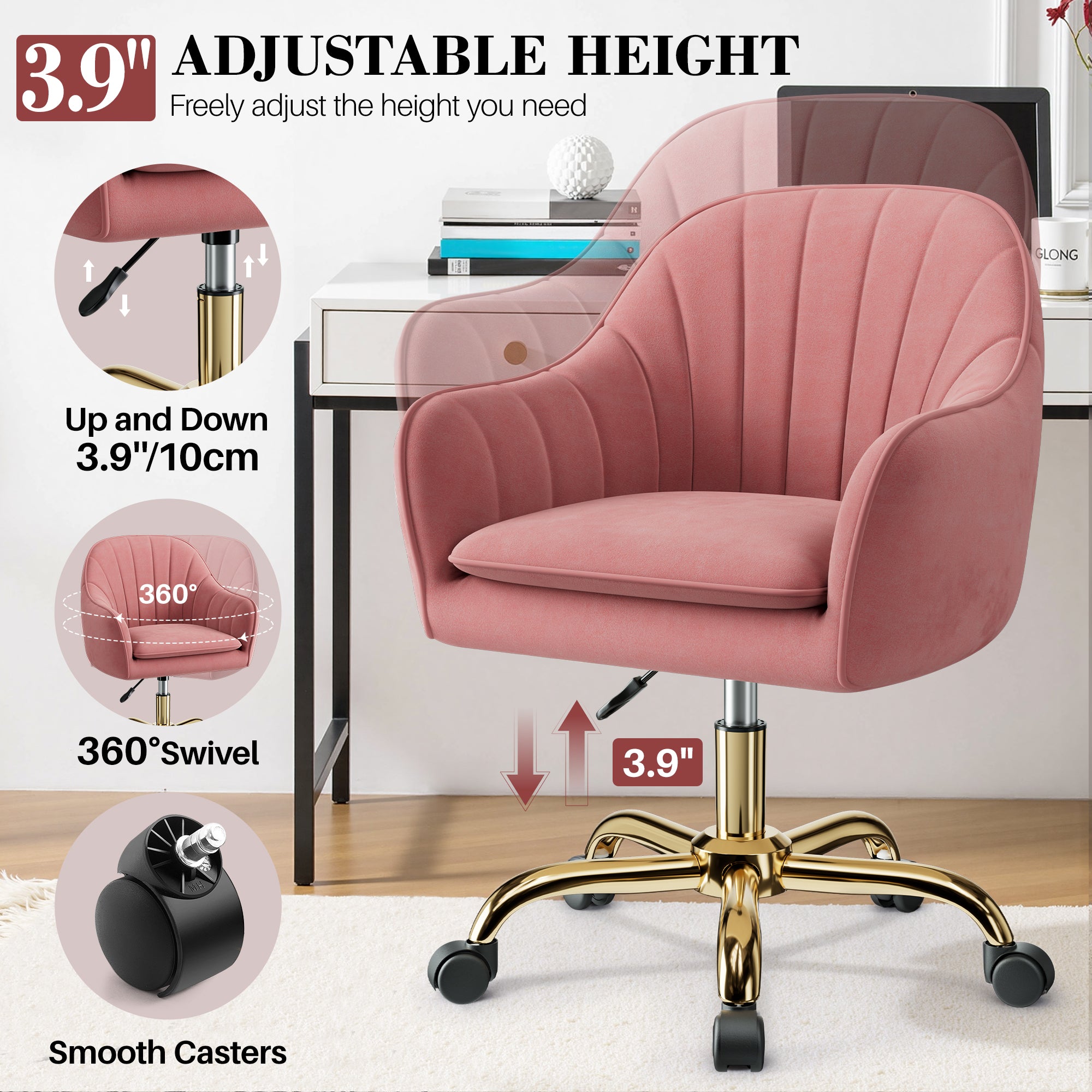 Vanity Chair with Wheels, Comfy Home Office Desk Chairs Adjustable Modern Velvet Makeup Vanity Chairs for Bedroom Living Room