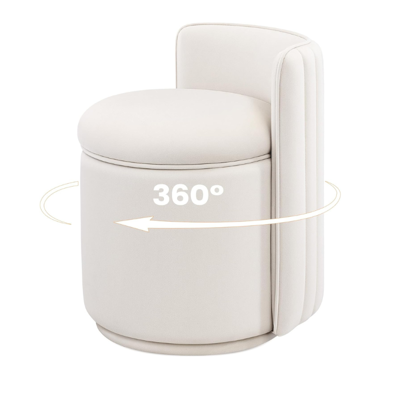 Vanity Chair with Storage, 360° Swivel Velvet Makeup Stool with Wave Backrest, Modern Round Upholstered Closet Stool ,No Assembly for Bedroom, Dressing Room