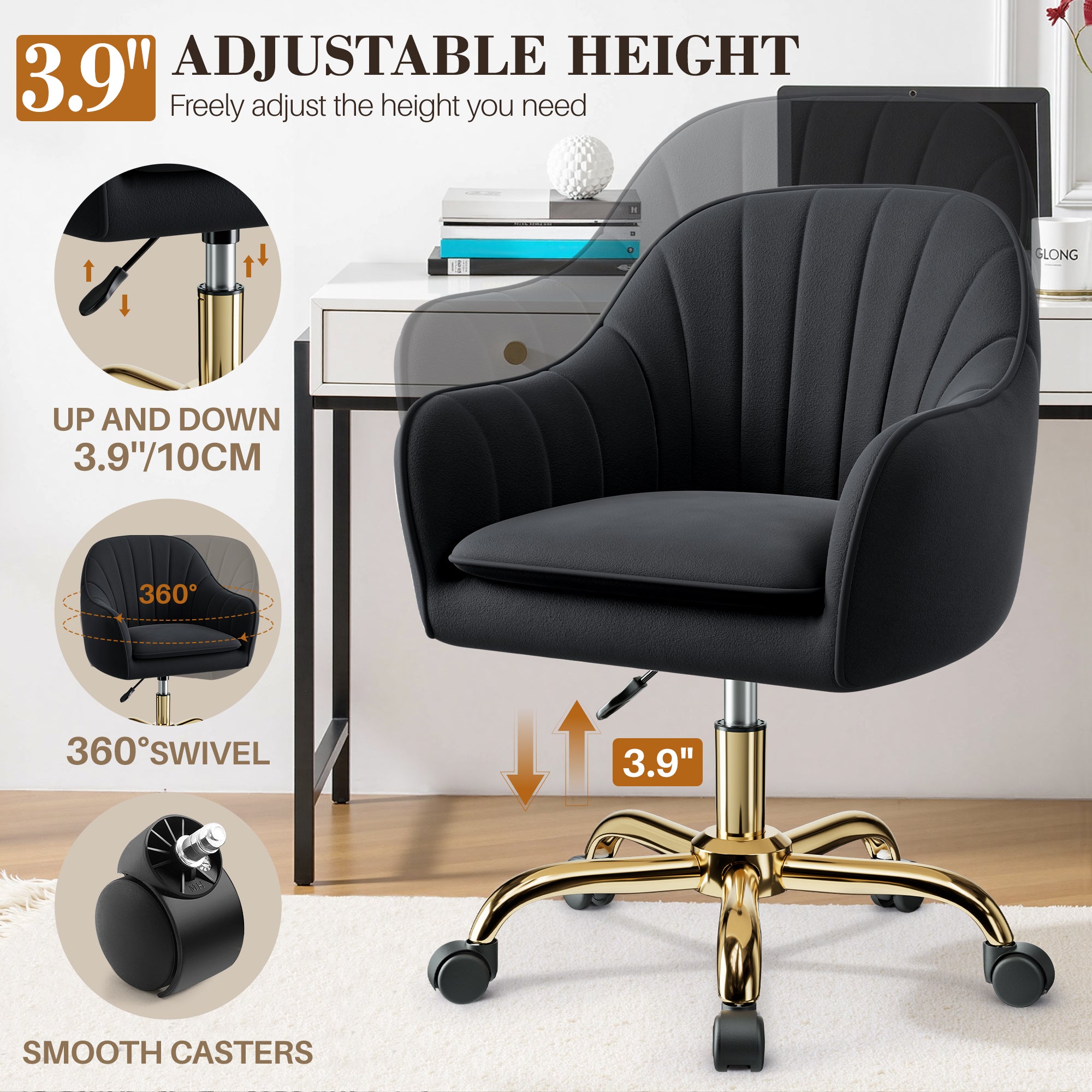 Vanity Chair with Wheels, Comfy Home Office Desk Chairs Adjustable Modern Velvet Makeup Vanity Chairs for Bedroom Living Room