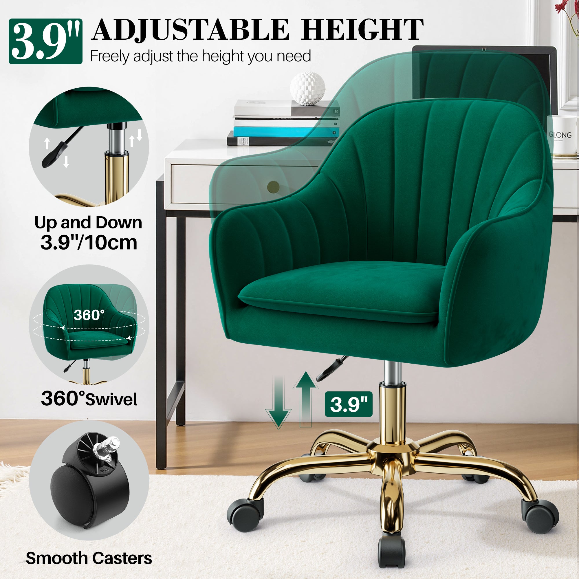 Vanity Chair with Wheels, Comfy Home Office Desk Chairs Adjustable Modern Velvet Makeup Vanity Chairs for Bedroom Living Room