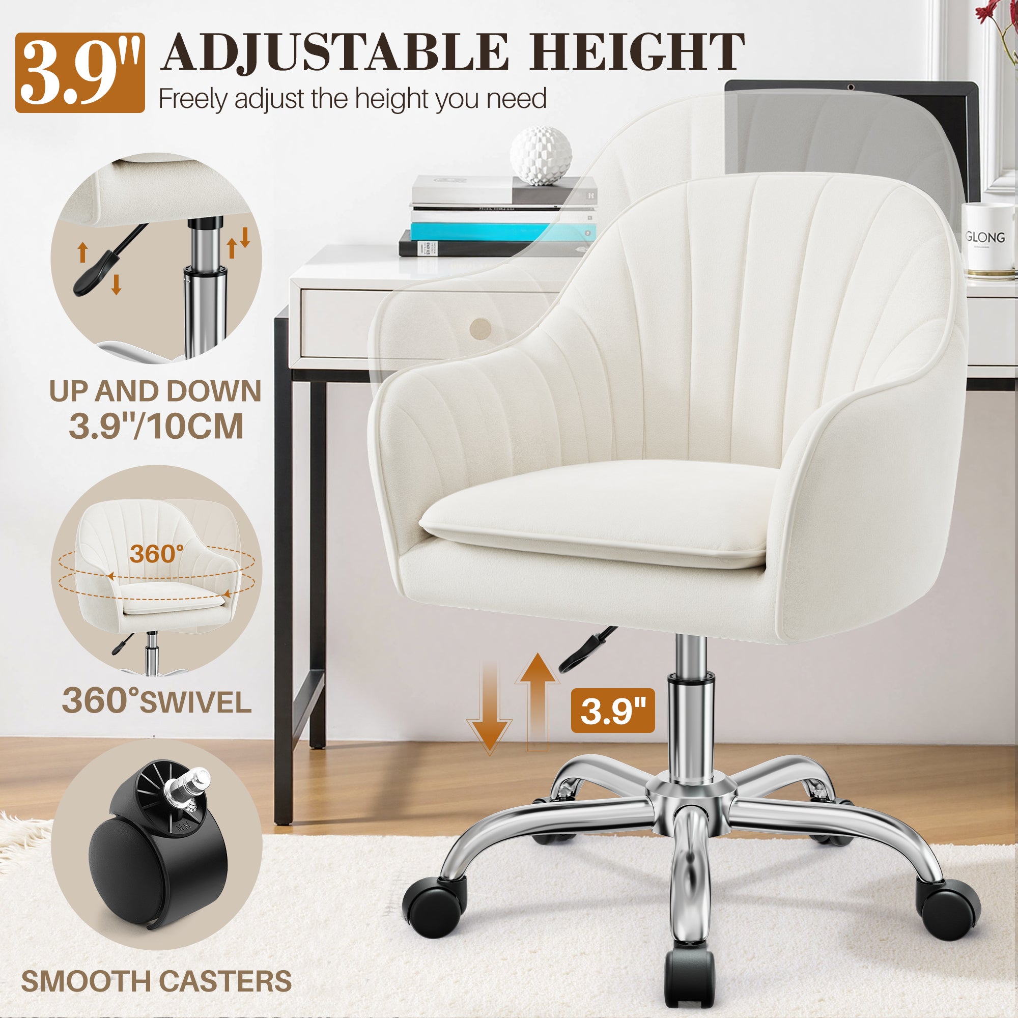 Vanity Chair with Wheels, Comfy Home Office Desk Chairs Adjustable Modern Velvet Makeup Vanity Chairs for Bedroom Living Room