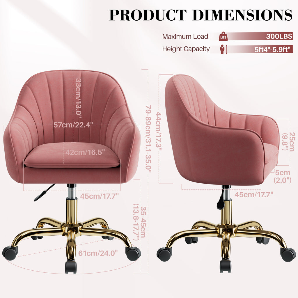 Vanity Chair with Wheels, Comfy Home Office Desk Chairs Adjustable Modern Velvet Makeup Vanity Chairs for Bedroom Living Room