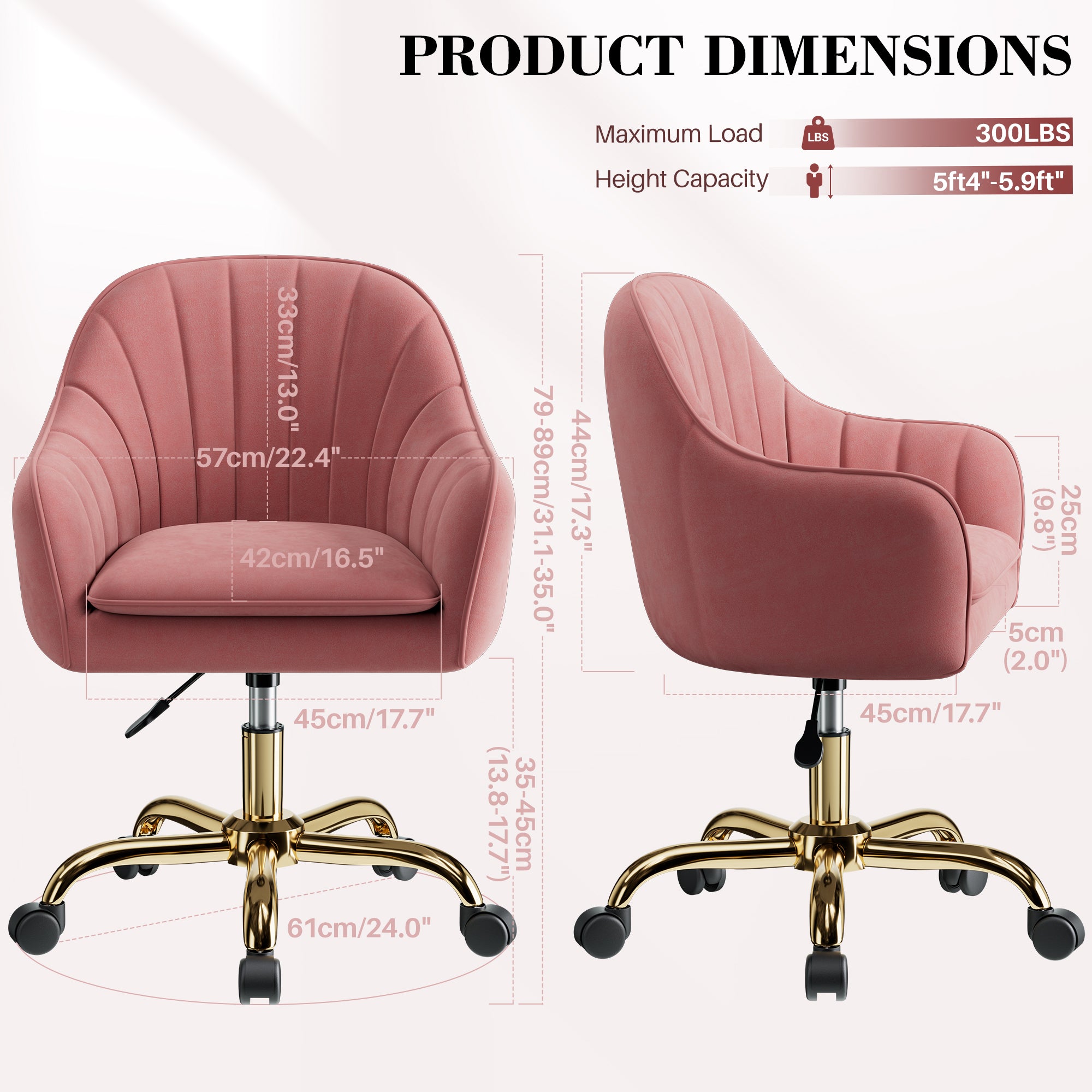 Vanity Chair with Wheels, Comfy Home Office Desk Chairs Adjustable Modern Velvet Makeup Vanity Chairs for Bedroom Living Room