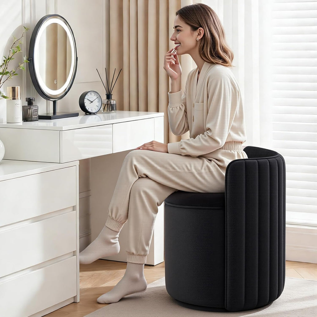 Vanity Chair with Storage, 360° Swivel Velvet Makeup Stool with Wave Backrest, Modern Round Upholstered Closet Stool ,No Assembly for Bedroom, Dressing Room