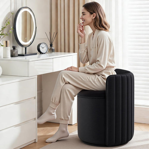 Vanity Chair with Storage, 360° Swivel Velvet Makeup Stool with Wave Backrest, Modern Round Upholstered Closet Stool ,No Assembly for Bedroom, Dressing Room