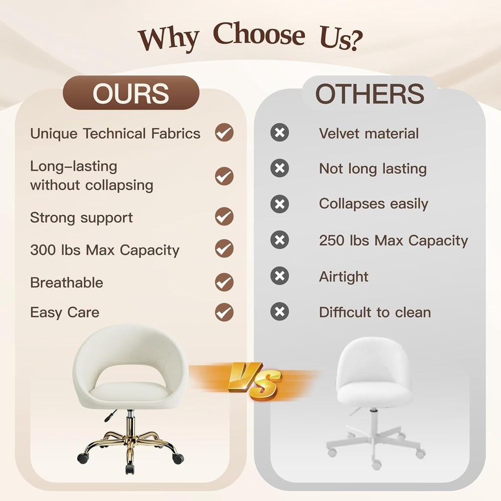 Vanity Chair with Wheels, Golden Titanium-Plated Home Office Chair 300LBS, Modern Velvet Swivel Makeup Chair 360°