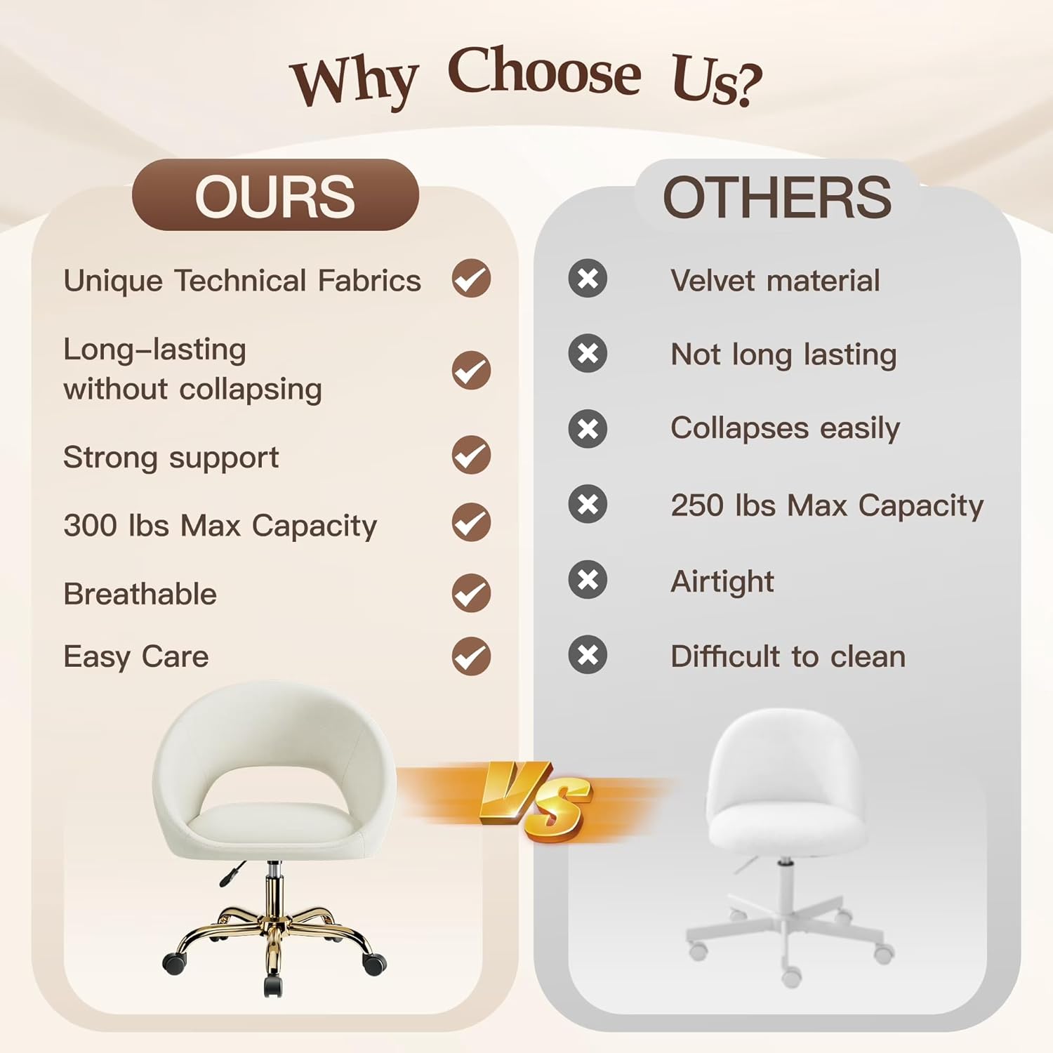 Vanity Chair with Wheels, Golden Titanium-Plated Home Office Chair 300LBS, Modern Velvet Swivel Makeup Chair 360°