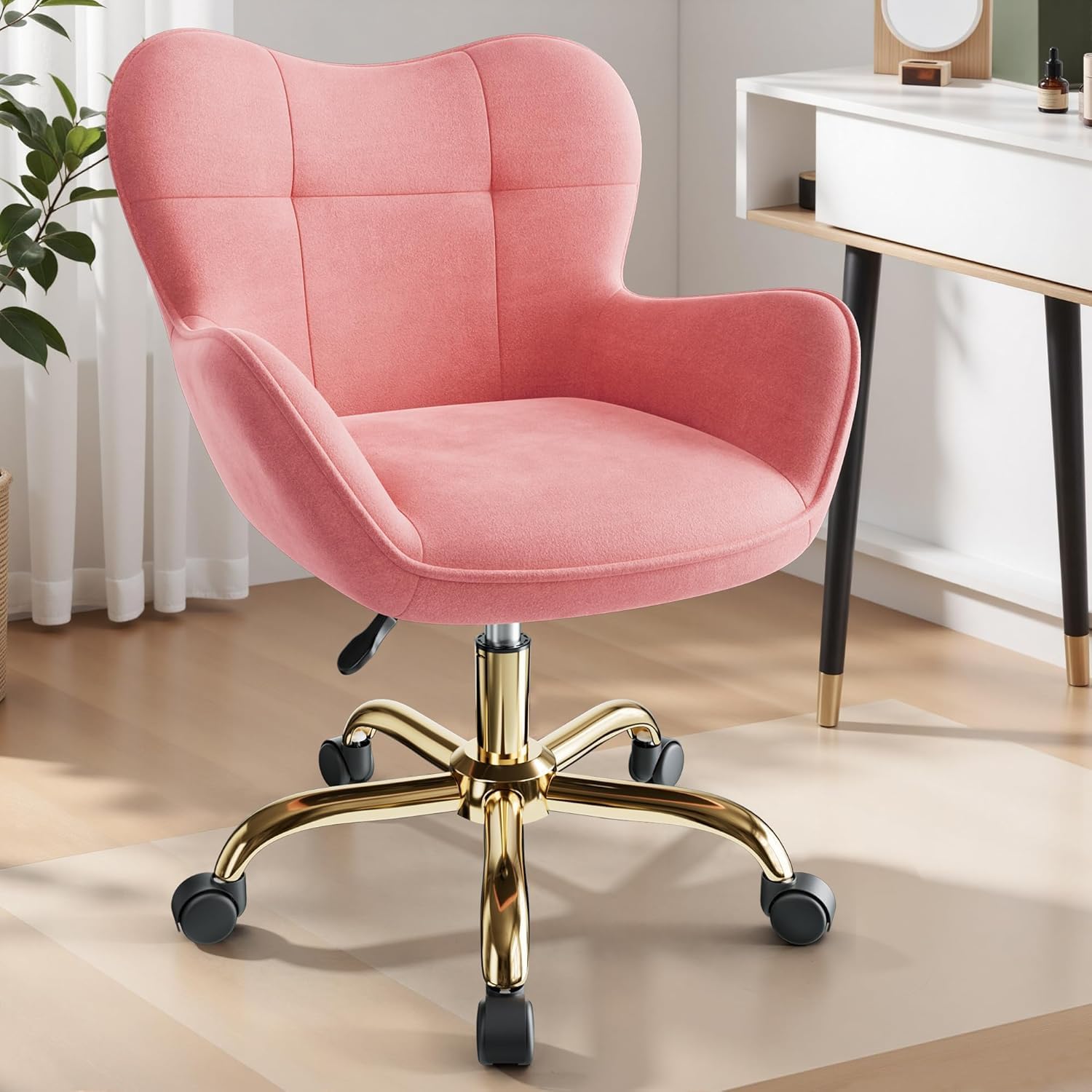 Vanity Chair with Wheels, Cute Home Office Desk Chairs Adjustable Height for Living Bedroom