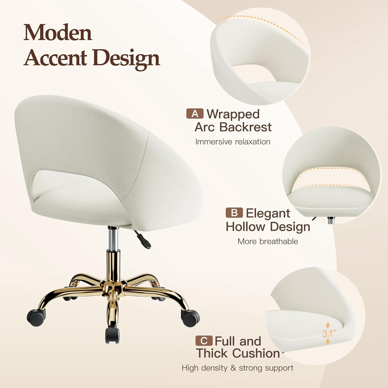 Vanity Chair with Wheels, Golden Titanium-Plated Home Office Chair 300LBS, Modern Velvet Swivel Makeup Chair 360°