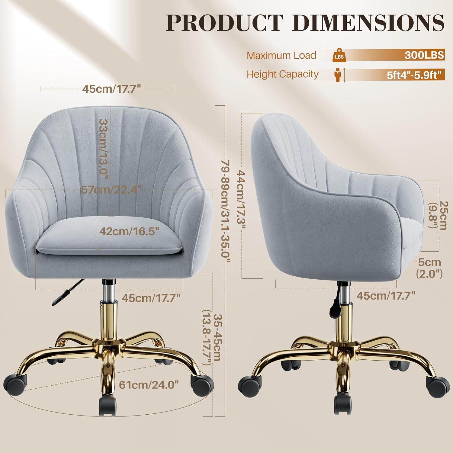 Vanity Chair with Wheels, Comfy Home Office Desk Chairs Adjustable Modern Velvet Makeup Vanity Chairs for Bedroom Living Room