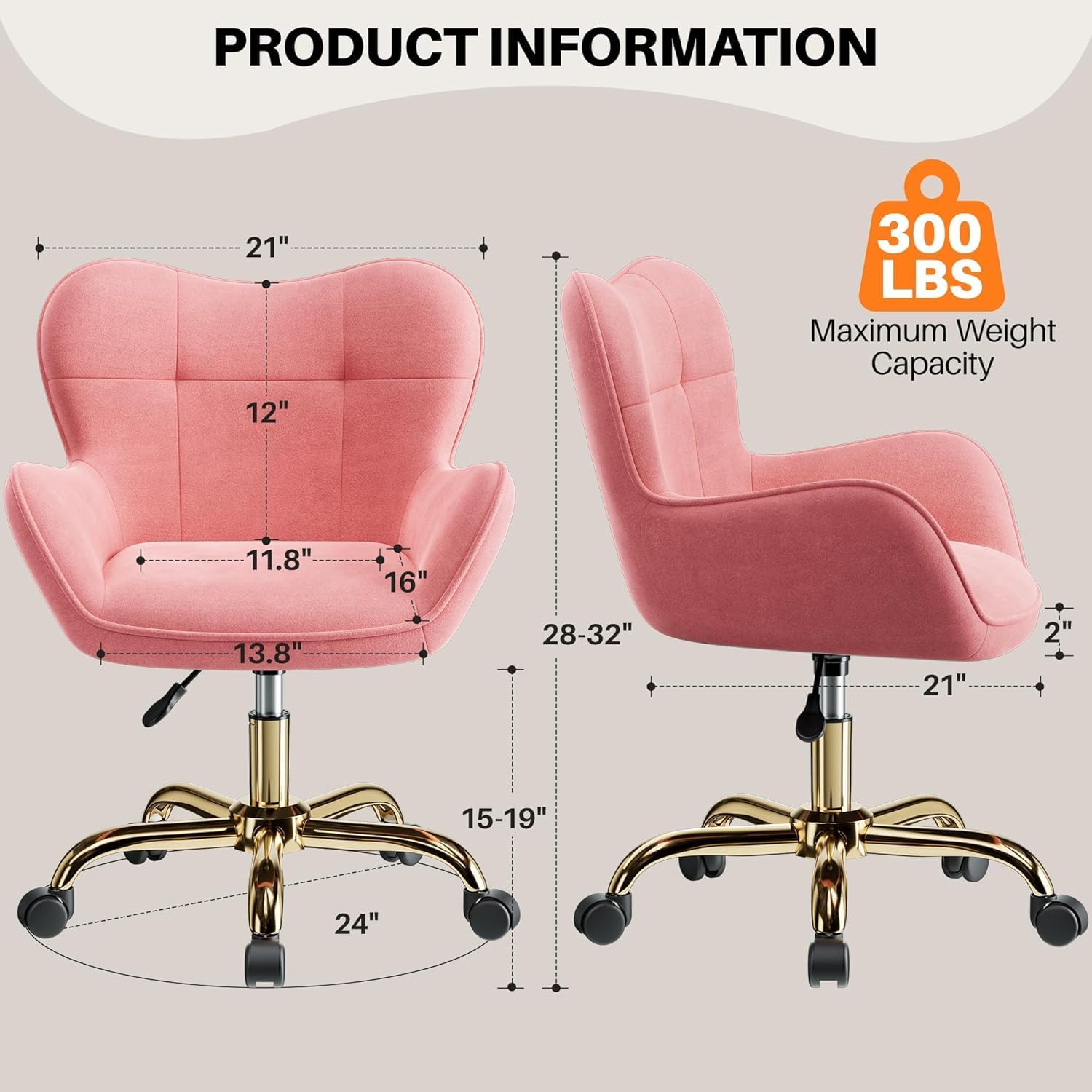 Vanity Chair with Wheels, Cute Home Office Desk Chairs Adjustable Height for Living Bedroom