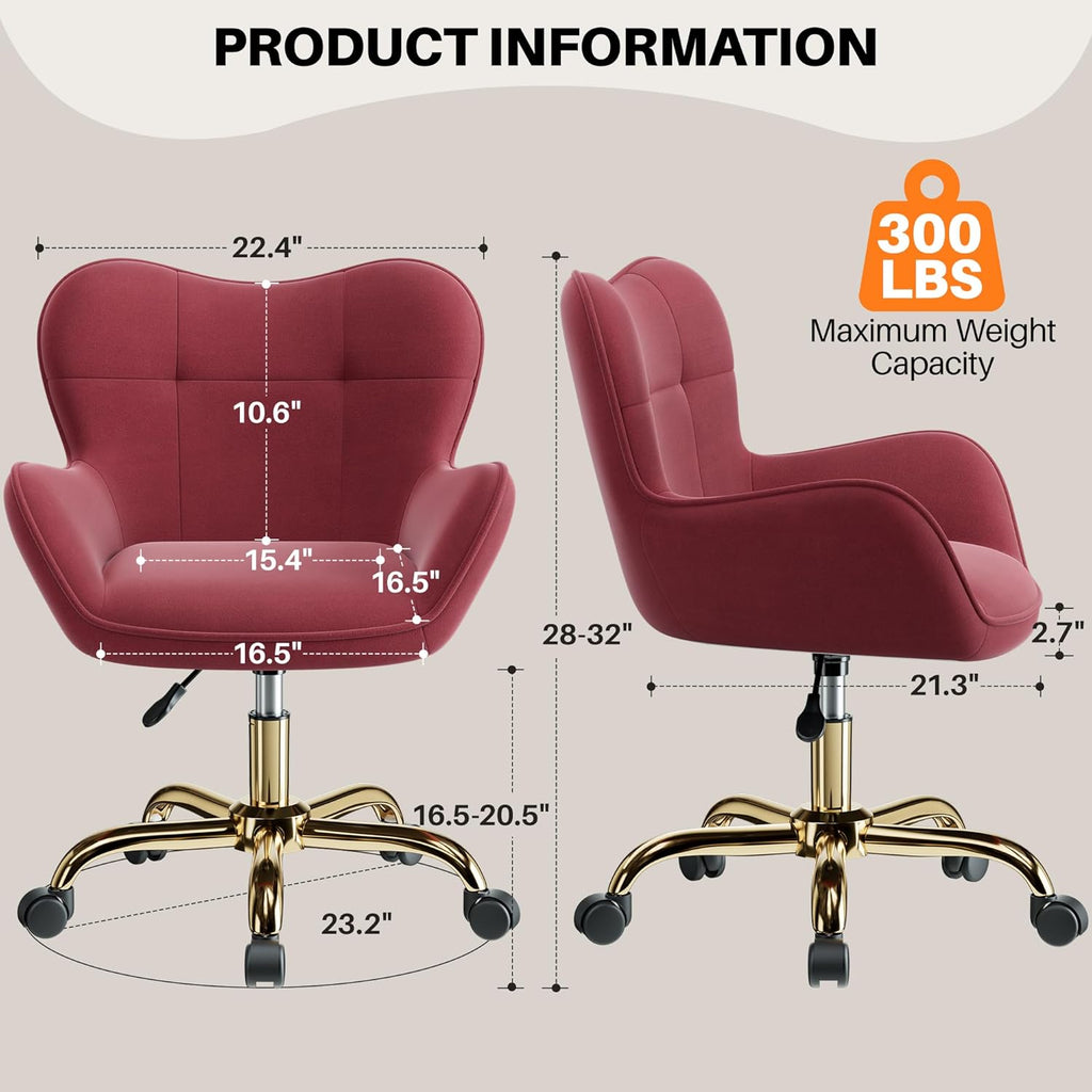 Vanity Chair with Wheels, Cute Home Office Desk Chairs Adjustable Height for Living Bedroom