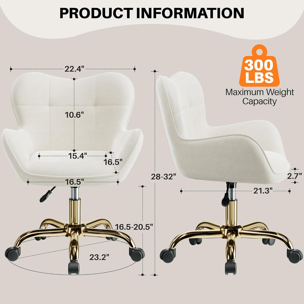 Vanity Chair with Wheels, Cute Home Office Desk Chairs Adjustable Height for Living Bedroom, Small Modern Fluffy Velvet Makeup Chair with Back for Girls