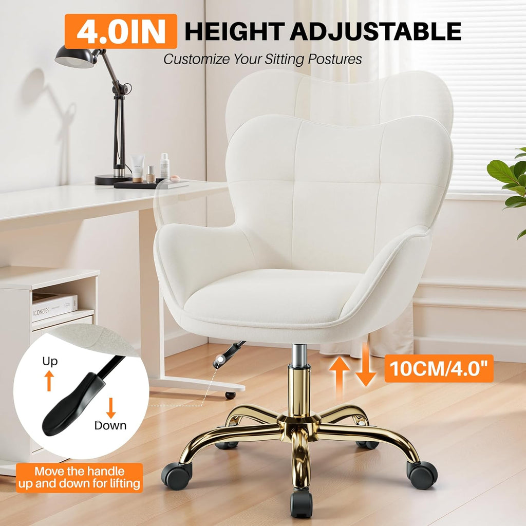 Vanity Chair with Wheels, Cute Home Office Desk Chairs Adjustable Height for Living Bedroom, Small Modern Fluffy Velvet Makeup Chair with Back for Girls