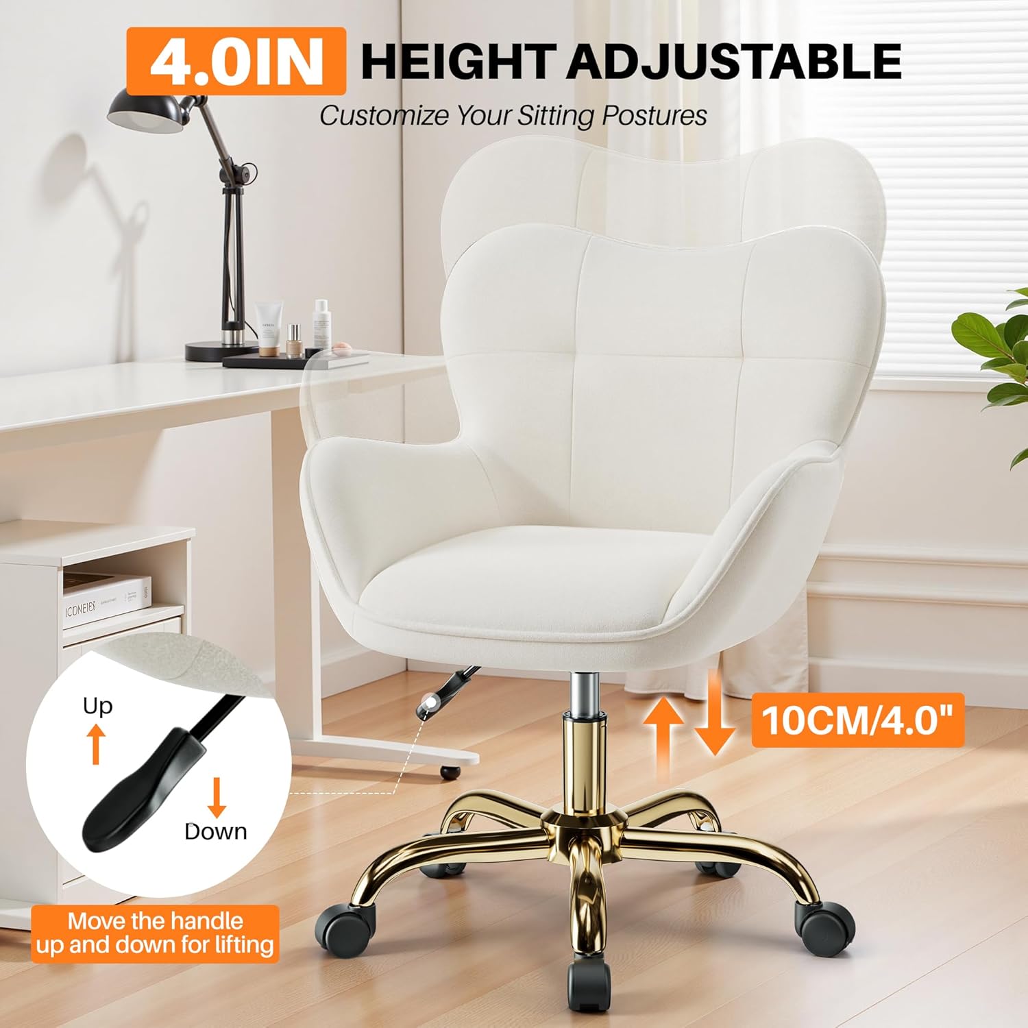Vanity Chair with Wheels, Cute Home Office Desk Chairs Adjustable Height for Living Bedroom, Small Modern Fluffy Velvet Makeup Chair with Back for Girls