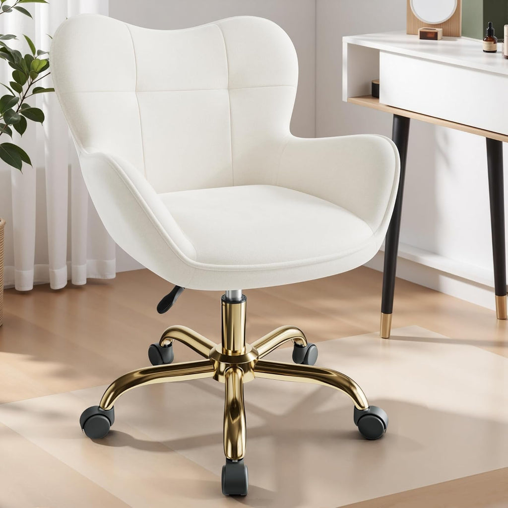 Vanity Chair with Wheels, Cute Home Office Desk Chairs Adjustable Height for Living Bedroom, Small Modern Fluffy Velvet Makeup Chair with Back for Girls