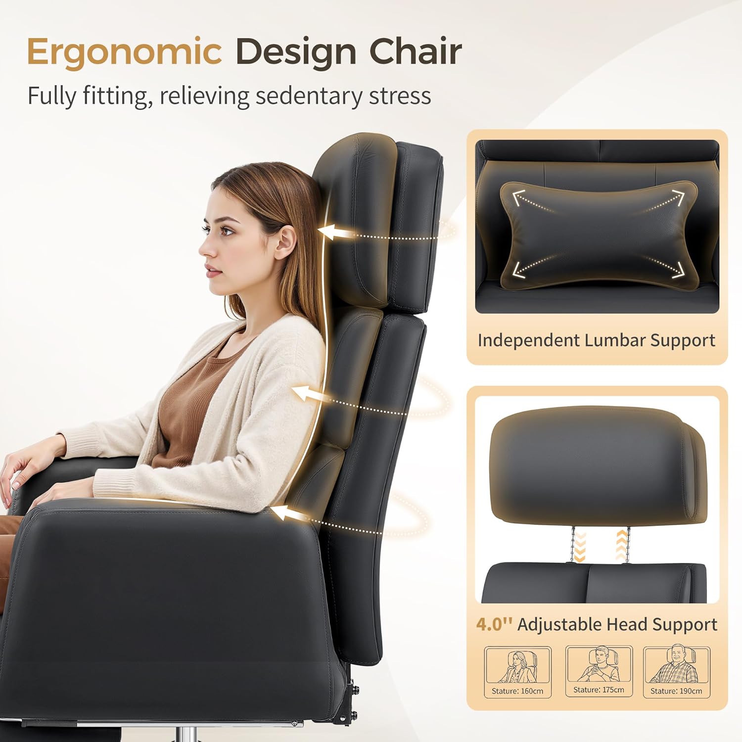 Big and Tall Office Chair 500LBS, Ergonomic High Back Leather Executive Chair, Reclining Swivel with Adjustable Armrests Lumbar Support Footrest