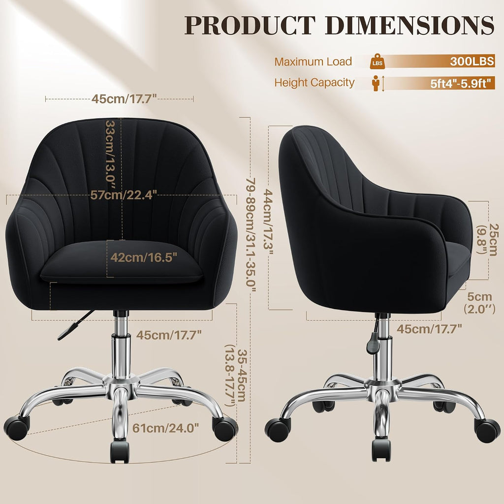 Home Office Desk Chair, Vanity Chair with Wheels, Adjustable Modern Velvet Makeup Chairs for Bedroom Living Room-Black (Silver Base)
