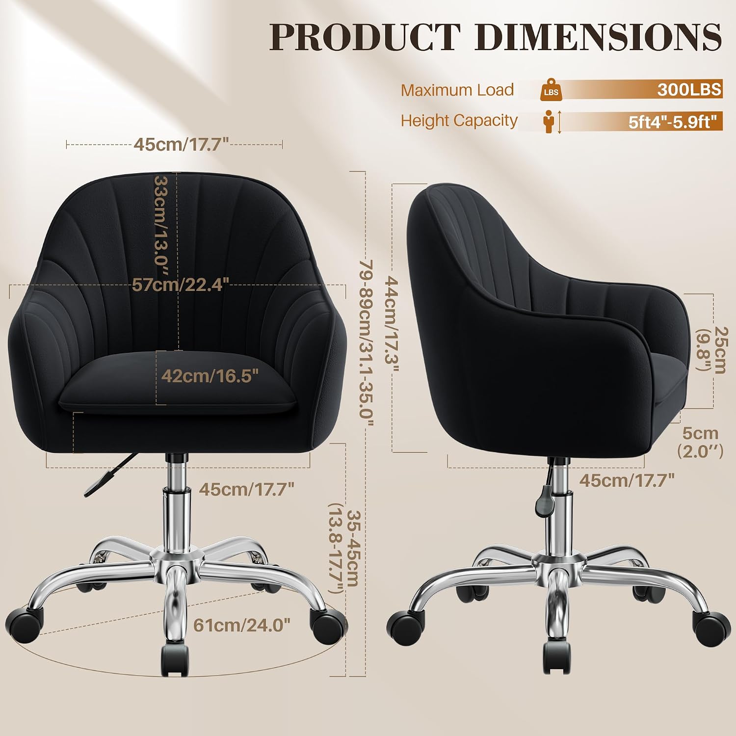 Home Office Desk Chair, Vanity Chair with Wheels, Adjustable Modern Velvet Makeup Chairs for Bedroom Living Room-Black (Silver Base)