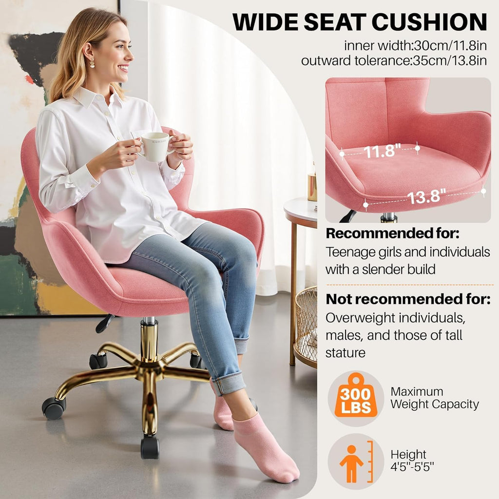 Vanity Chair with Wheels, Cute Home Office Desk Chairs Adjustable Height for Living Bedroom
