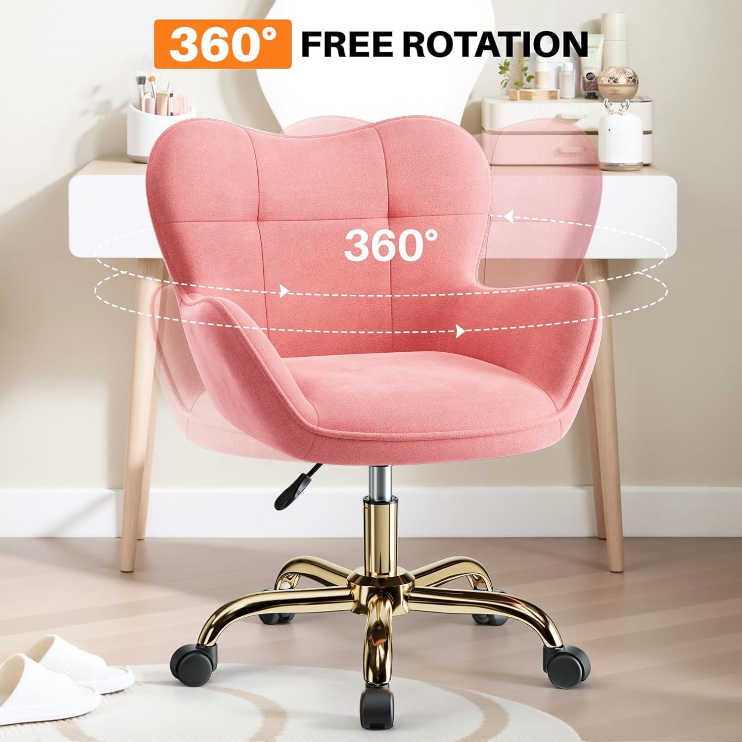 Vanity Chair with Wheels, Cute Home Office Desk Chairs Adjustable Height for Living Bedroom