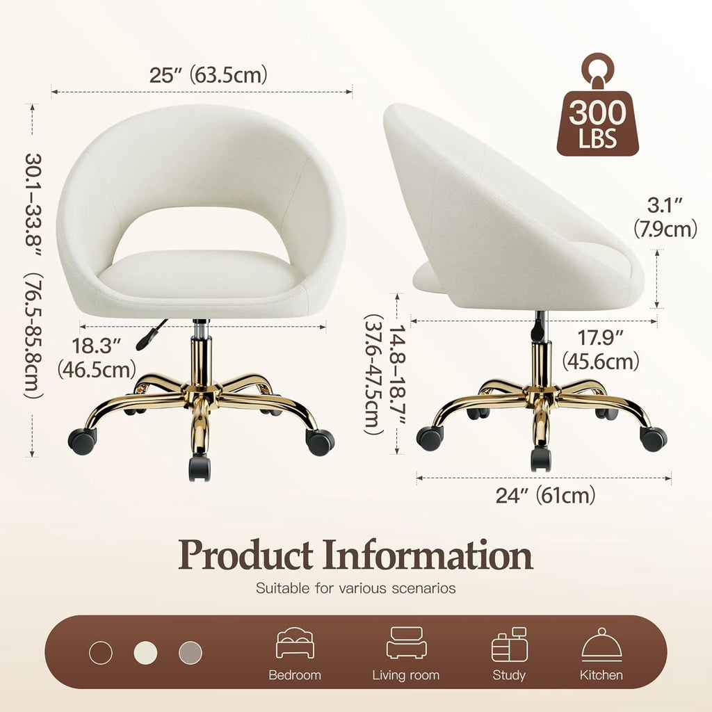 Vanity Chair with Wheels, Golden Titanium-Plated Home Office Chair 300LBS, Modern Velvet Swivel Makeup Chair 360°