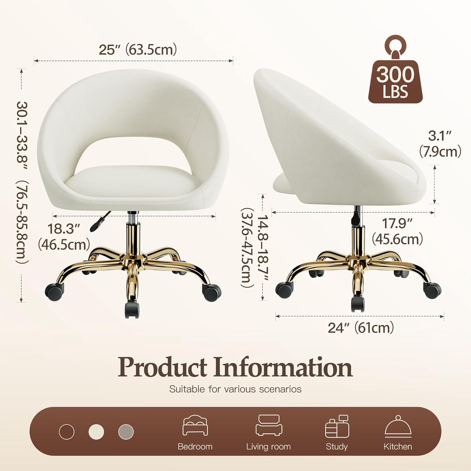 Vanity Chair with Wheels, Golden Titanium-Plated Home Office Chair 300LBS, Modern Velvet Swivel Makeup Chair 360°