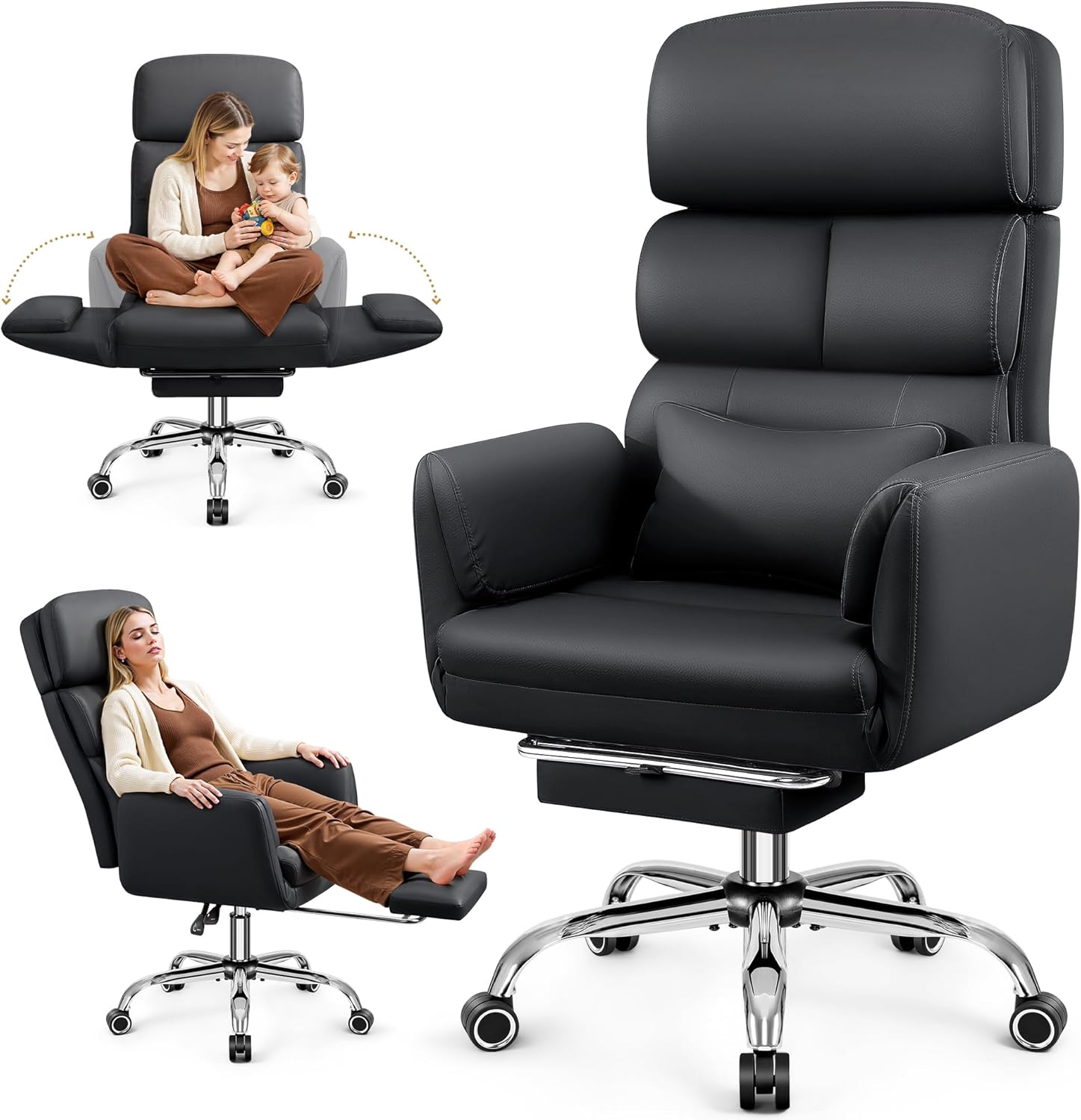 Big and Tall Office Chair 500LBS, Ergonomic High Back Leather Executive Chair, Reclining Swivel with Adjustable Armrests Lumbar Support Footrest