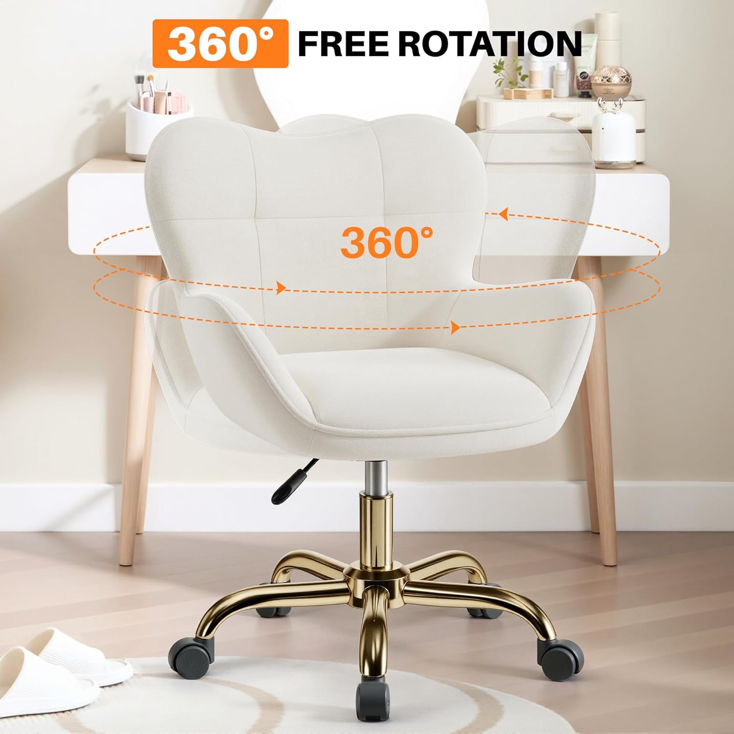Vanity Chair with Wheels, Cute Home Office Desk Chairs Adjustable Height for Living Bedroom, Small Modern Fluffy Velvet Makeup Chair with Back for Girls