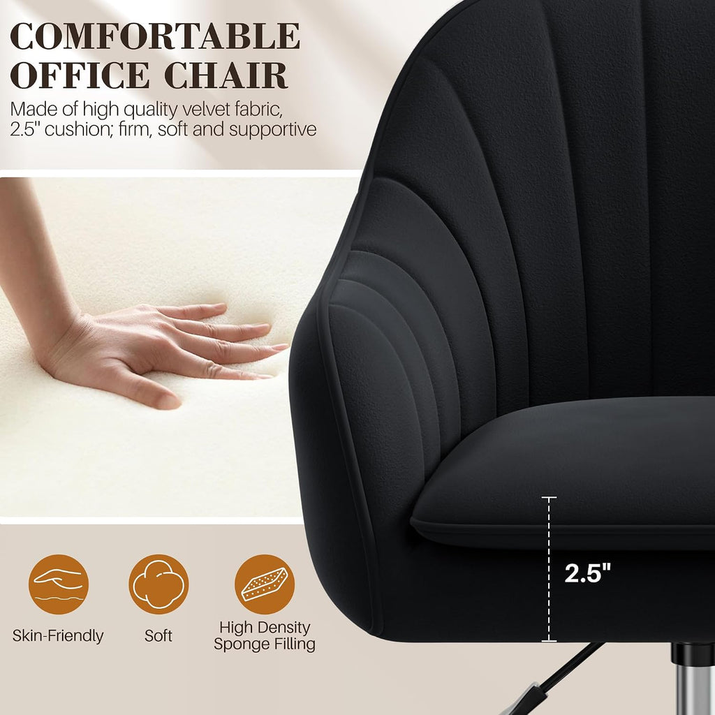 Home Office Desk Chair, Vanity Chair with Wheels, Adjustable Modern Velvet Makeup Chairs for Bedroom Living Room-Black (Silver Base)
