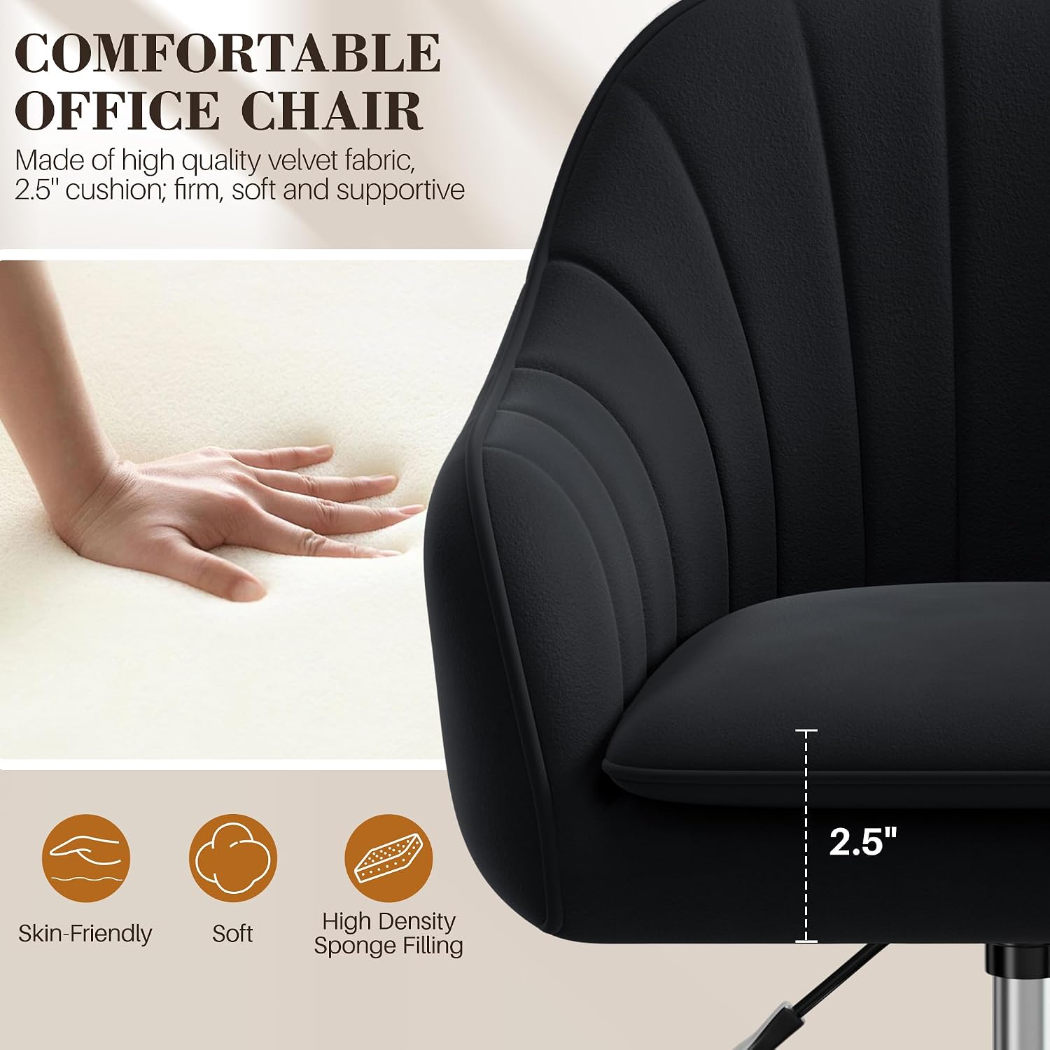 Home Office Desk Chair, Vanity Chair with Wheels, Adjustable Modern Velvet Makeup Chairs for Bedroom Living Room-Black (Silver Base)