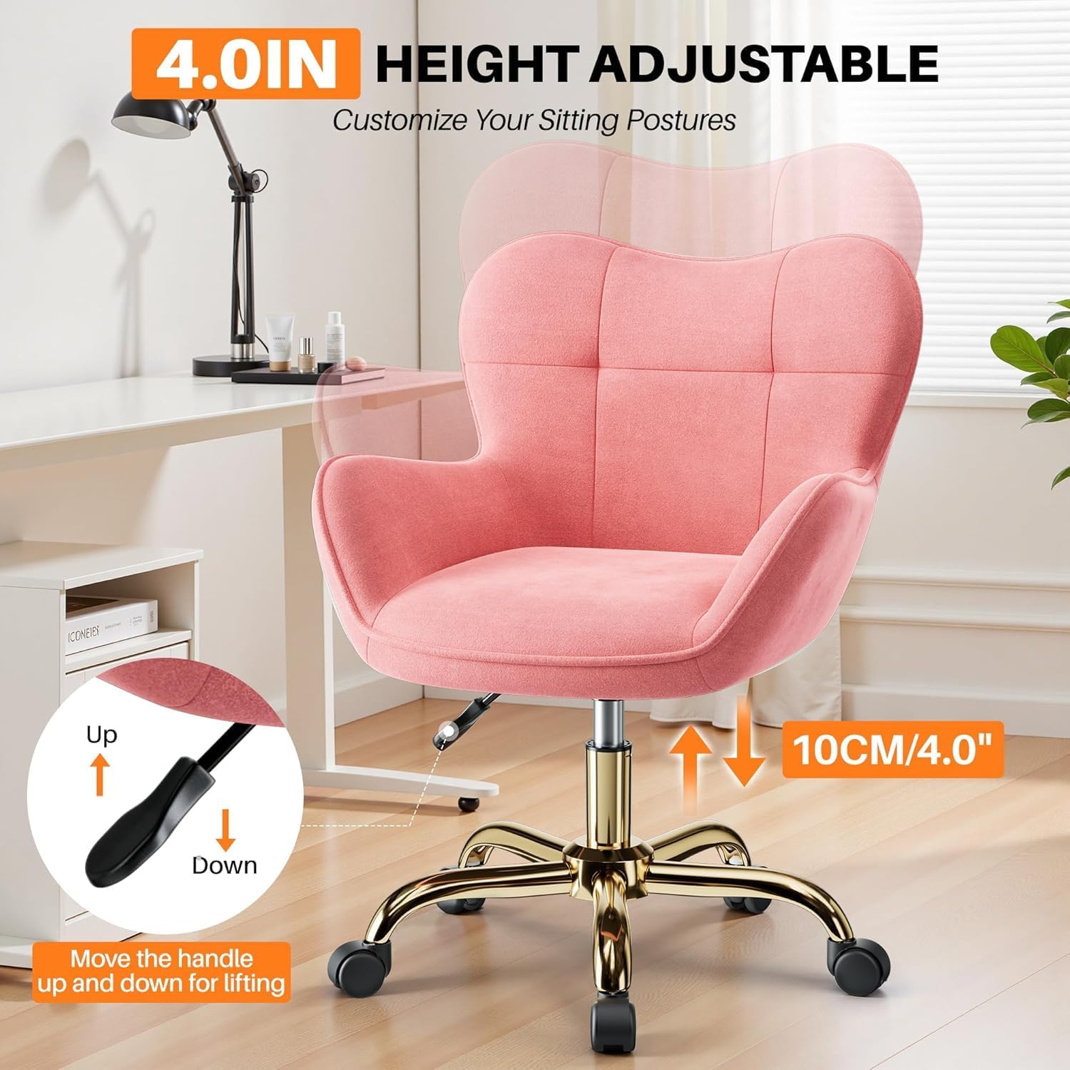 Vanity Chair with Wheels, Cute Home Office Desk Chairs Adjustable Height for Living Bedroom