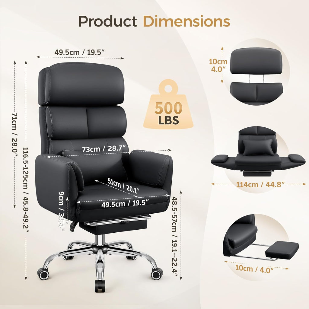 Big and Tall Office Chair 500LBS, Ergonomic High Back Leather Executive Chair, Reclining Swivel with Adjustable Armrests Lumbar Support Footrest