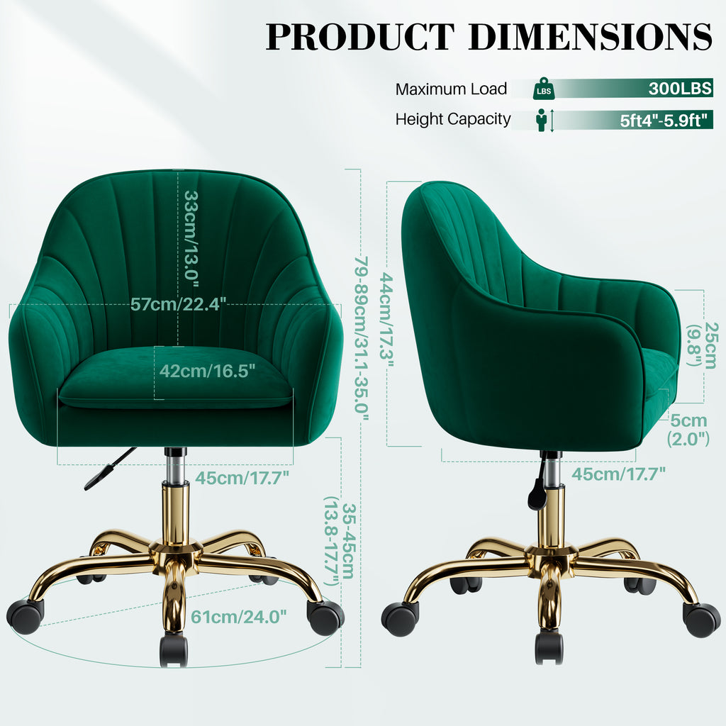 Vanity Chair with Wheels, Comfy Home Office Desk Chairs Adjustable Modern Velvet Makeup Vanity Chairs for Bedroom Living Room