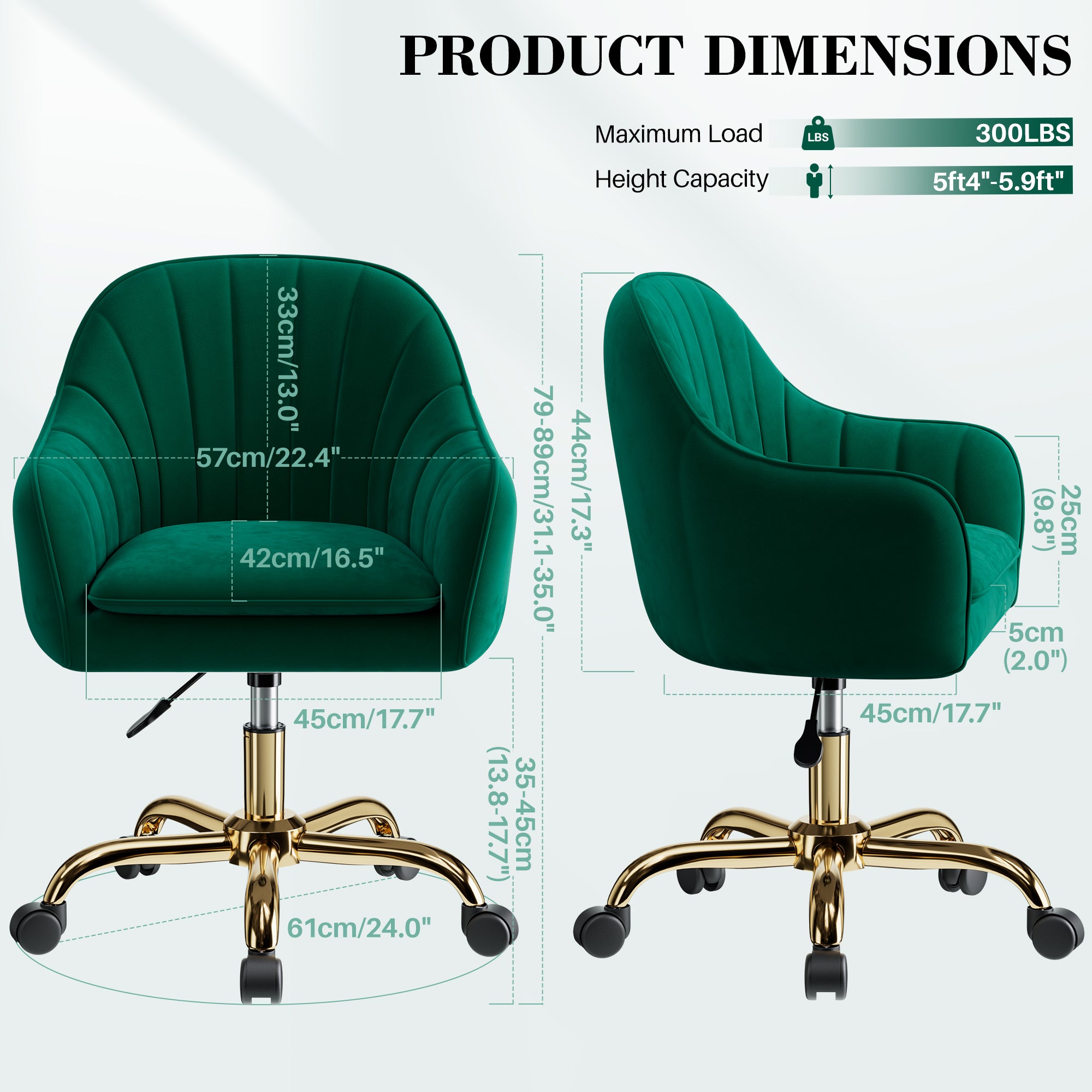 Vanity Chair with Wheels, Comfy Home Office Desk Chairs Adjustable Modern Velvet Makeup Vanity Chairs for Bedroom Living Room