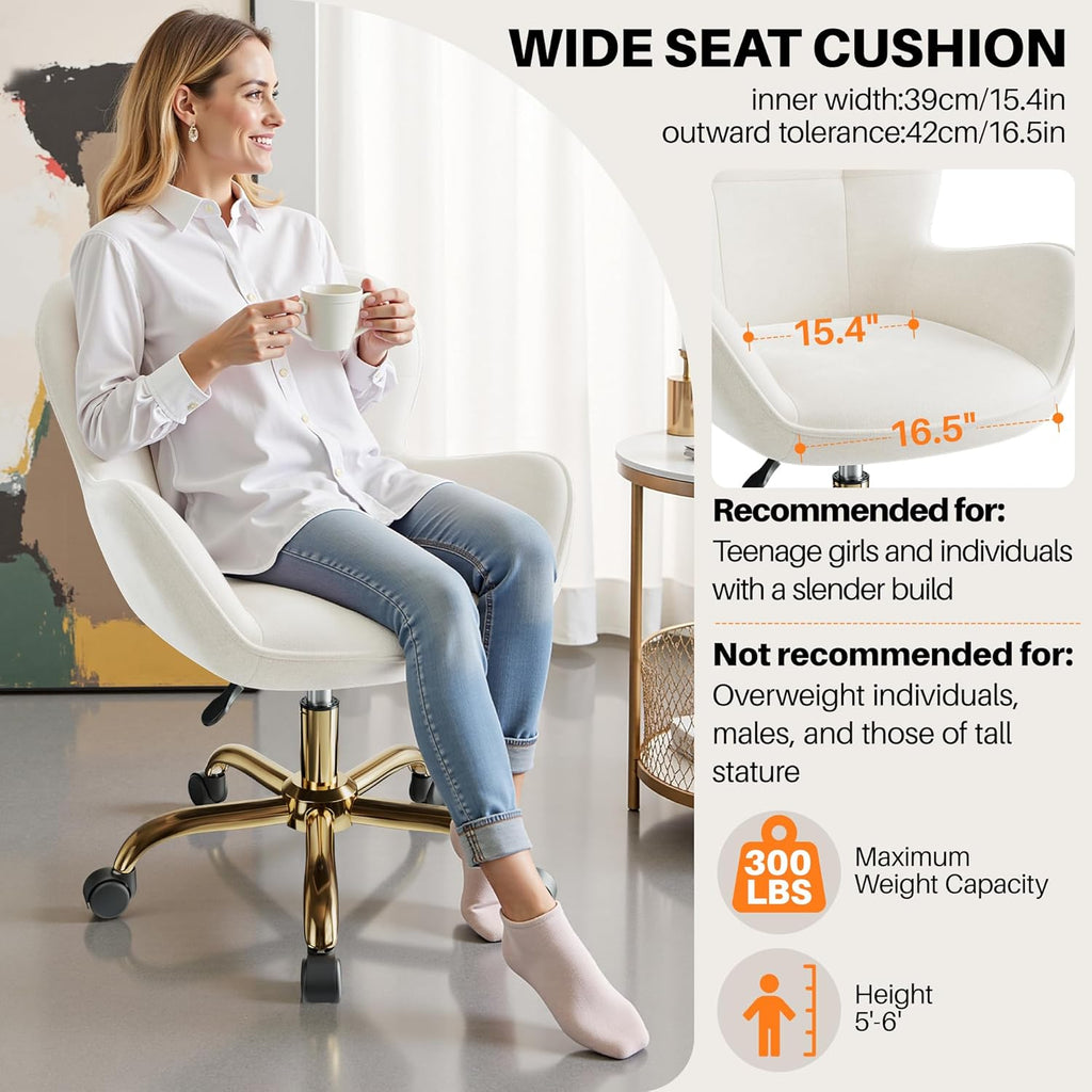 Vanity Chair with Wheels, Cute Home Office Desk Chairs Adjustable Height for Living Bedroom, Small Modern Fluffy Velvet Makeup Chair with Back for Girls