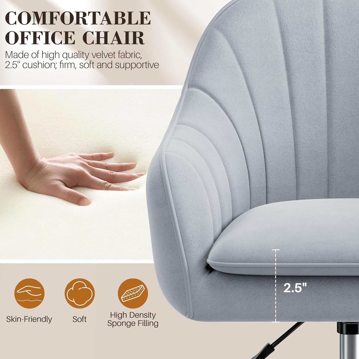 Vanity Chair with Wheels, Comfy Home Office Desk Chairs Adjustable Modern Velvet Makeup Vanity Chairs for Bedroom Living Room